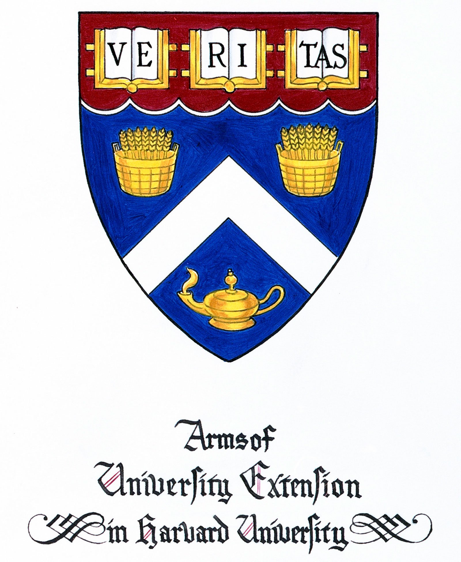 A scan of a drawing of the Harvard Extension School shield.