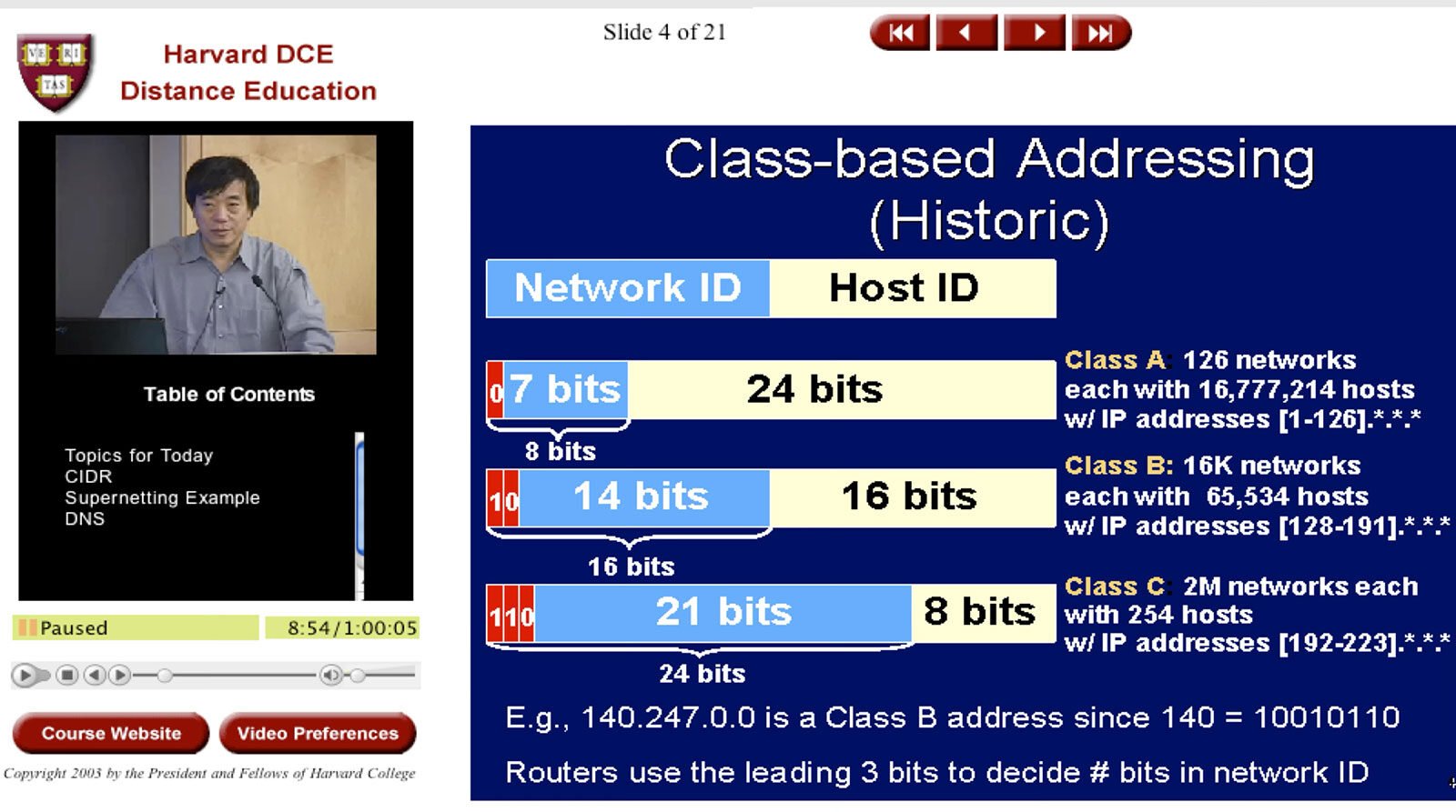 A screen shot of the first online class offered through Harvard College, featuring professor HT Kung.